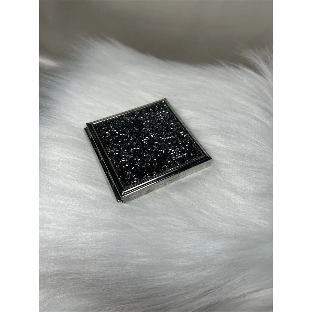 Swarovski Crystal Rocks Square Compact Mirror Dual Sided Black Silver